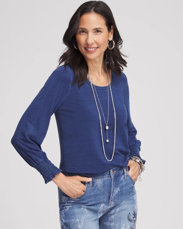 Faux Denim Smocked Sleeve Tee - image 1
